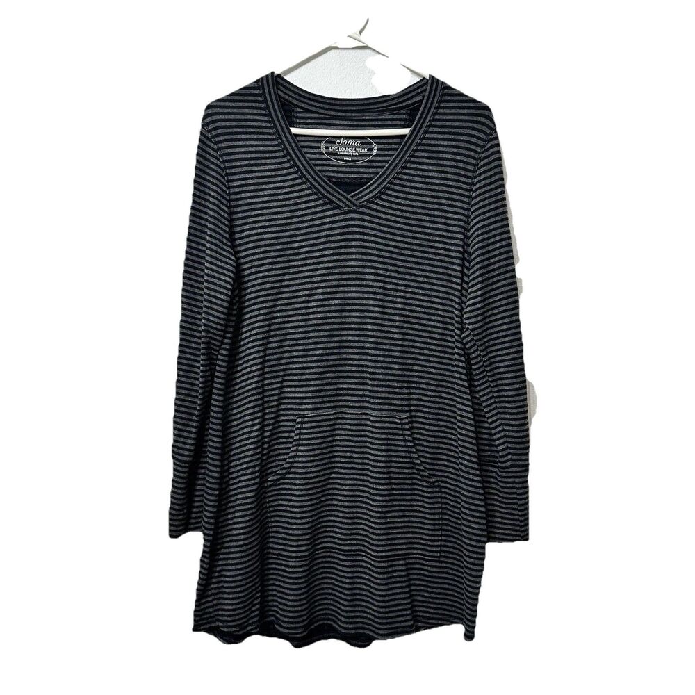 Soma Women’s Black Grey Striped Pocket Long Sleeve Pajama Tunic Dress Large